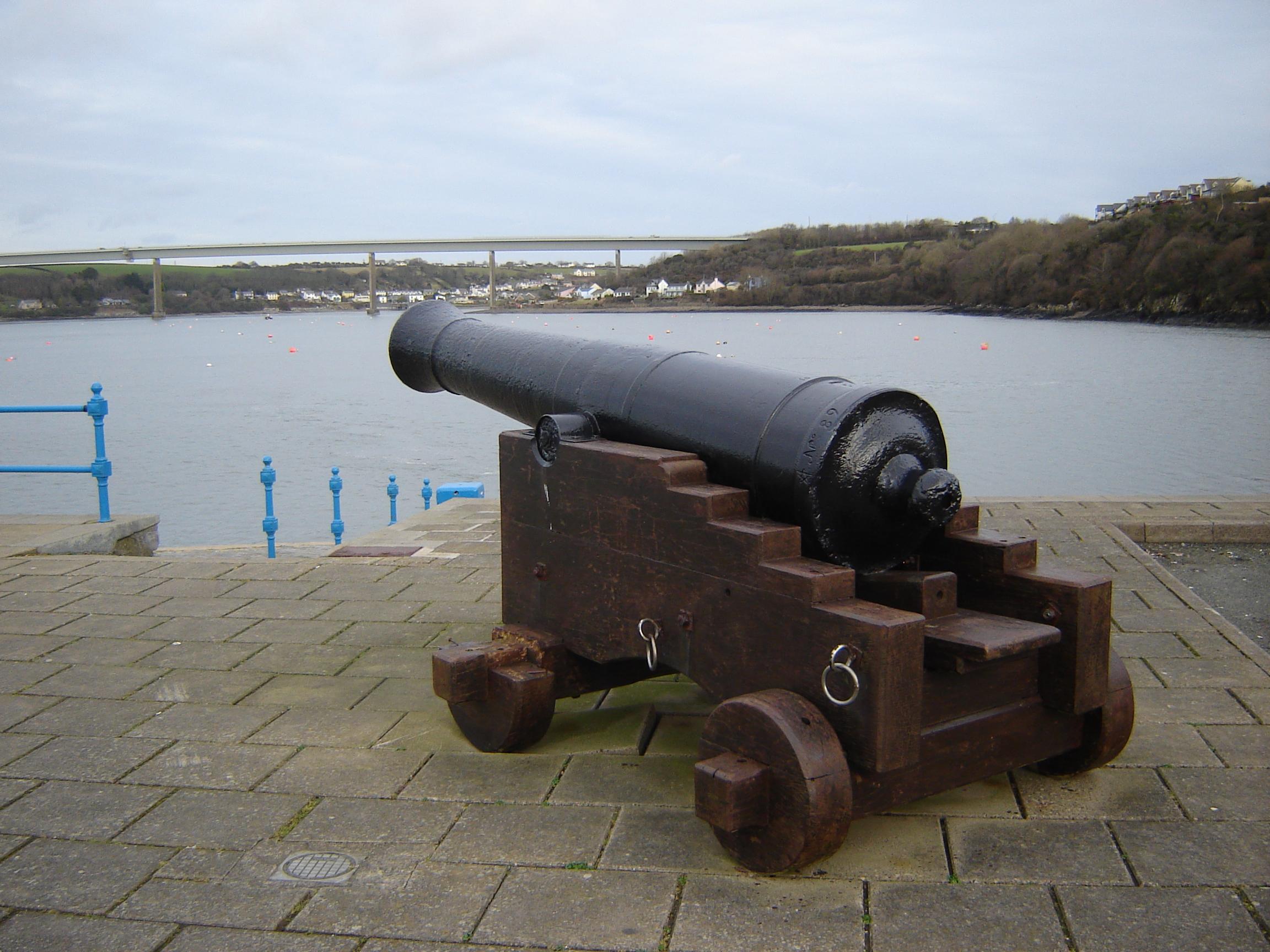 A cannon pointing toward the road bridge between Pembroke Dock and Neyland at the eastern end of Milford Haven. 